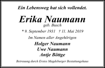 Traueranzeige von Erika Naumann (geb. Busch)  von Magdeburger Volksstimme