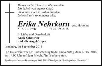 Traueranzeige von Erika Nehrkorn (geb. Hobohm)  von Magdeburger Volksstimme