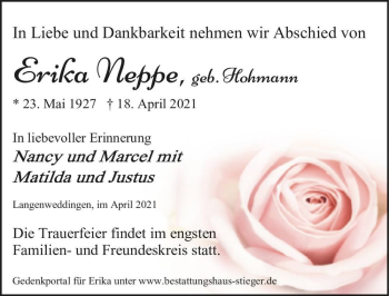 Traueranzeige von Erika Neppe (geb. Hohmann)  von Magdeburger Volksstimme