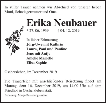 Traueranzeige von Erika Neubauer  von Magdeburger Volksstimme