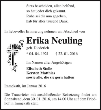 Traueranzeige von Erika Neuling (geb. Diederich)  von Magdeburger Volksstimme