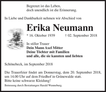 Traueranzeige von Erika Neumann  von Magdeburger Volksstimme