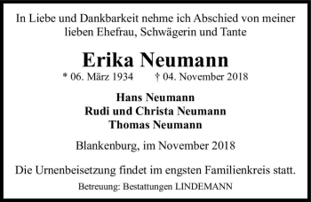 Traueranzeige von Erika Neumann  von Magdeburger Volksstimme