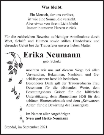 Traueranzeige von Erika Neumann (geb. Schulz)  von Magdeburger Volksstimme