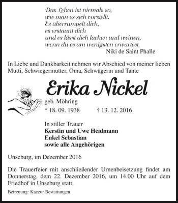 Traueranzeige von Erika Nickel (geb. Möhring)  von Magdeburger Volksstimme