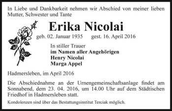 Traueranzeige von Erika Nicolai  von Magdeburger Volksstimme