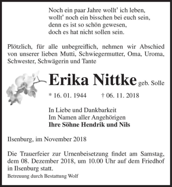 Traueranzeige von Erika Nittke (geb. Scholle)  von Magdeburger Volksstimme