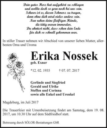 Traueranzeige von Erika Nossek (geb. Exner)  von Magdeburger Volksstimme