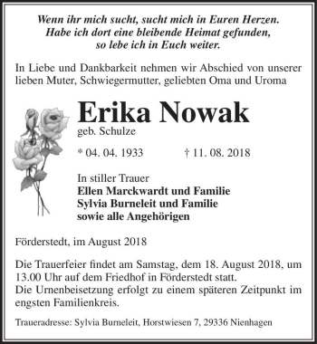 Traueranzeige von Erika Nowak (geb. Schulze)  von Magdeburger Volksstimme