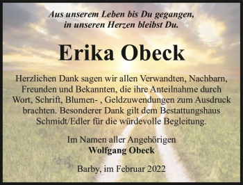 Traueranzeige von Erika Obeck  von Magdeburger Volksstimme