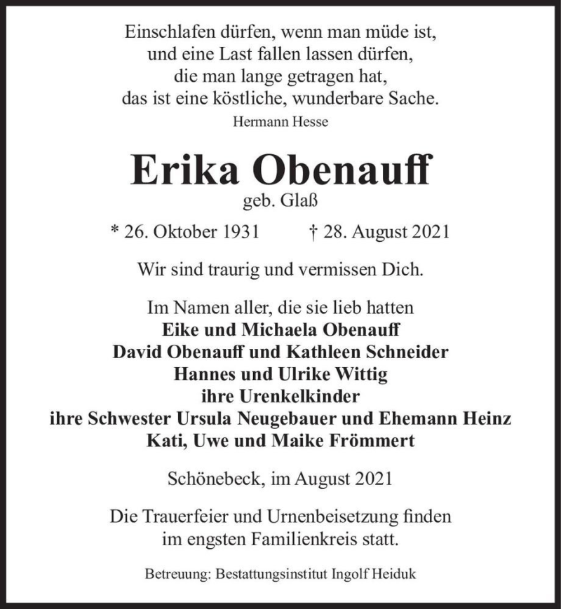  Traueranzeige für Erika Obenauff (geb. Glaß)  vom 04.09.2021 aus Magdeburger Volksstimme