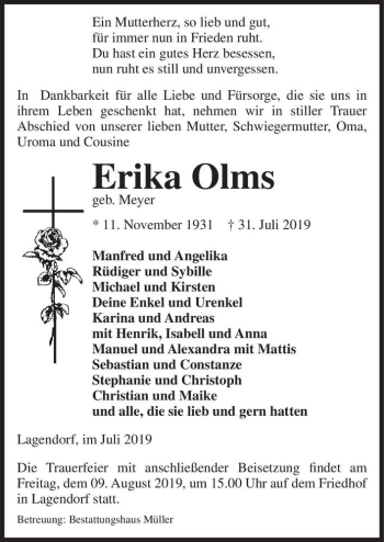 Traueranzeige von Erika Olms (geb. Meyer)  von Magdeburger Volksstimme