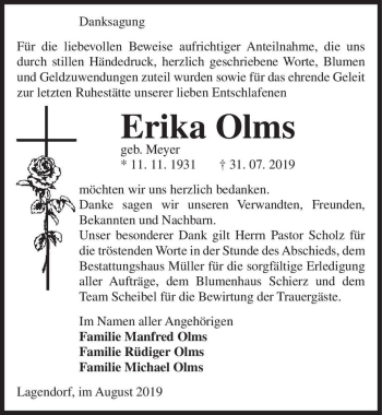 Traueranzeige von Erika Olms (geb. Meyer)  von Magdeburger Volksstimme