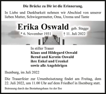 Traueranzeige von Erika Oswald (geb. Stagge)  von Magdeburger Volksstimme