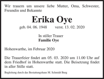 Traueranzeige von Erika Oye  von Magdeburger Volksstimme