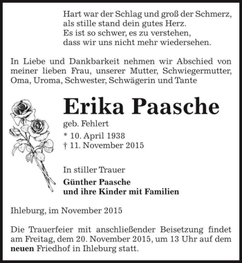 Traueranzeige von Erika Paasche (geb. Fehlert)  von Magdeburger Volksstimme