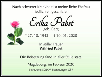 Traueranzeige von Erika Pabst (geb. Berg)  von Magdeburger Volksstimme
