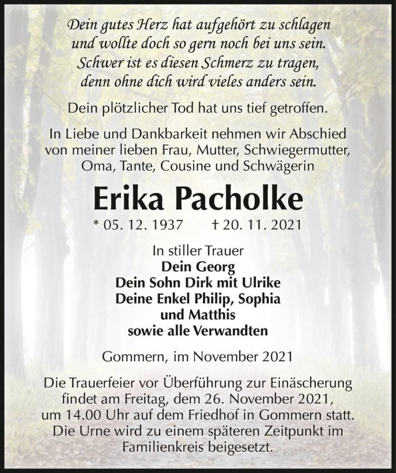  Traueranzeige für Erika Pacholke  vom 24.11.2021 aus Magdeburger Volksstimme