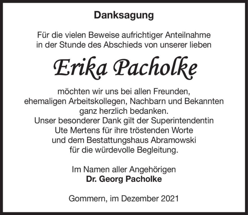  Traueranzeige für Erika Pacholke  vom 11.12.2021 aus Magdeburger Volksstimme