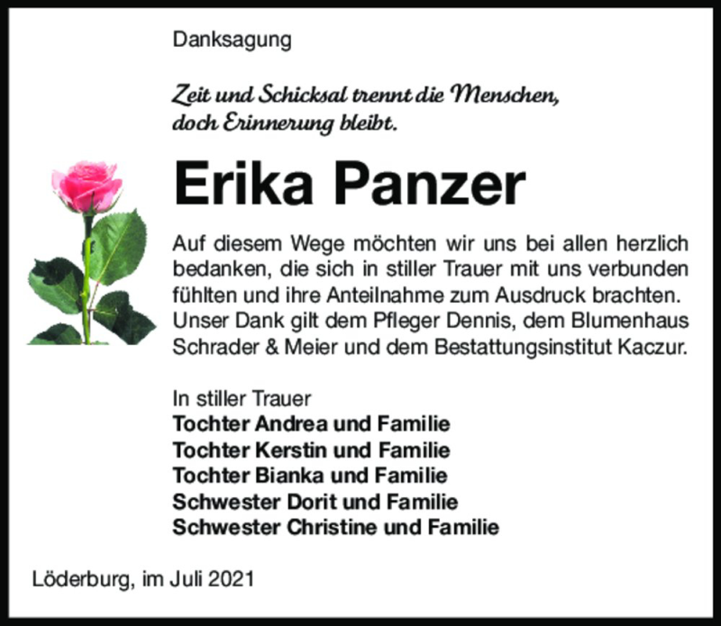  Traueranzeige für Erika Panzer  vom 31.07.2021 aus Magdeburger Volksstimme
