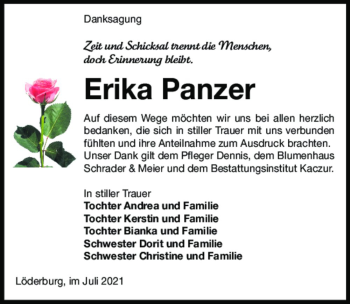 Traueranzeige von Erika Panzer  von Magdeburger Volksstimme