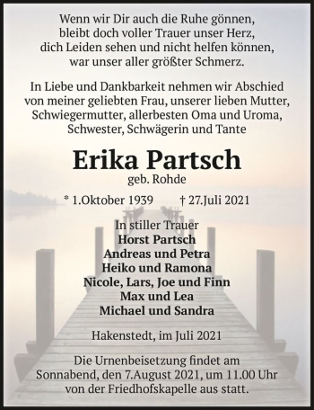 Traueranzeige von Erika Partsch (geb. Rohde)  von Magdeburger Volksstimme