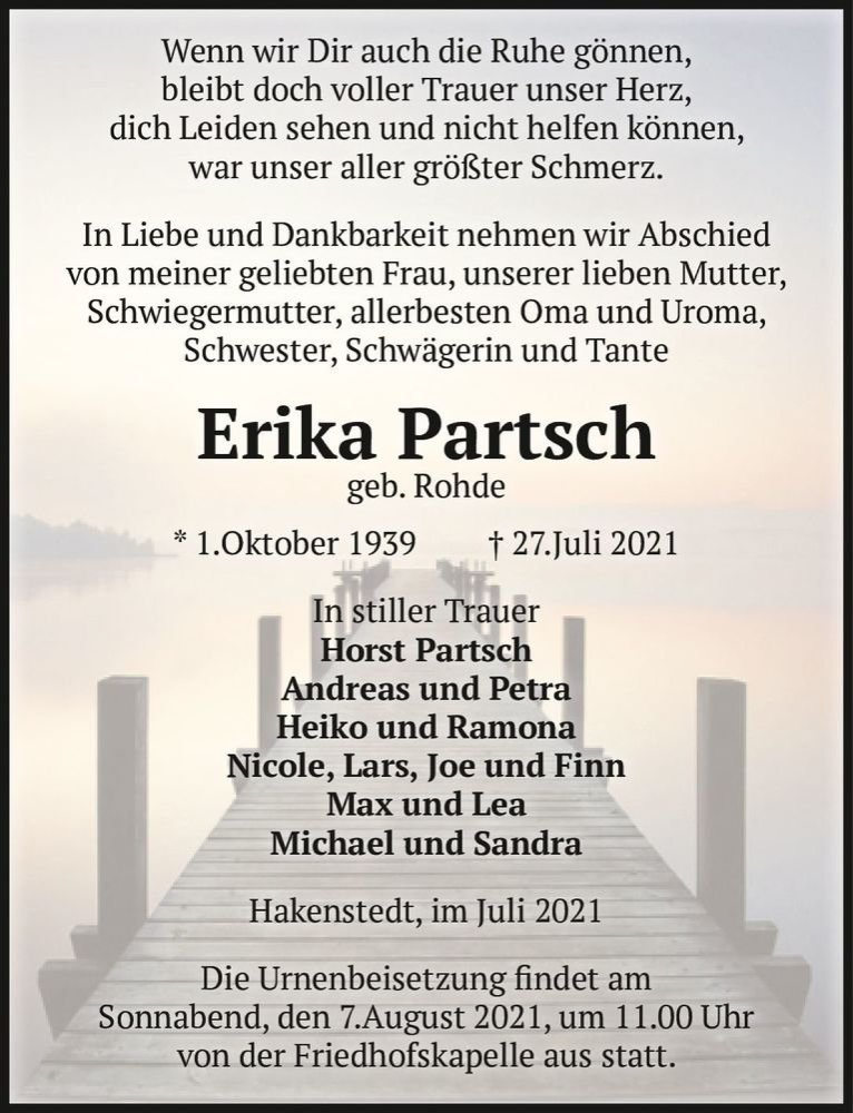  Traueranzeige für Erika Partsch (geb. Rohde)  vom 31.07.2021 aus Magdeburger Volksstimme