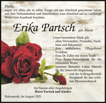 Traueranzeige von Erika Partsch (geb. Rohde)  von Magdeburger Volksstimme