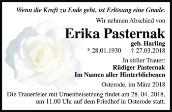 Traueranzeige von Erika Pasternak (geb. Harlig)  von Magdeburger Volksstimme