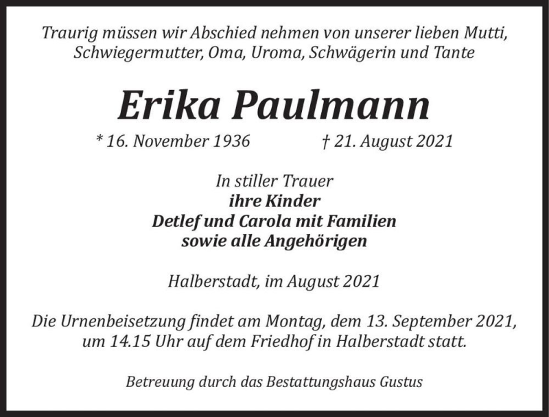  Traueranzeige für Erika Paulmann  vom 28.08.2021 aus Magdeburger Volksstimme