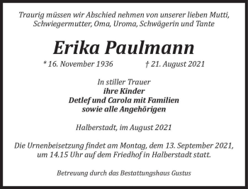 Traueranzeige von Erika Paulmann  von Magdeburger Volksstimme