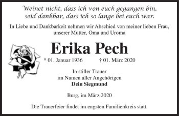 Traueranzeige von Erika Pech  von Magdeburger Volksstimme