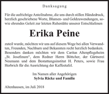 Traueranzeige von Erika Peine  von Magdeburger Volksstimme