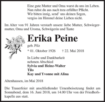 Traueranzeige von Erika Peine (geb. Pilz)  von Magdeburger Volksstimme
