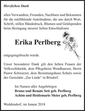 Traueranzeige von Erika Perlberg  von Magdeburger Volksstimme