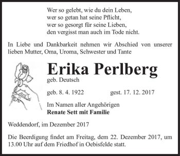 Traueranzeige von Erika Perlberg (geb. Deutsch)  von Magdeburger Volksstimme
