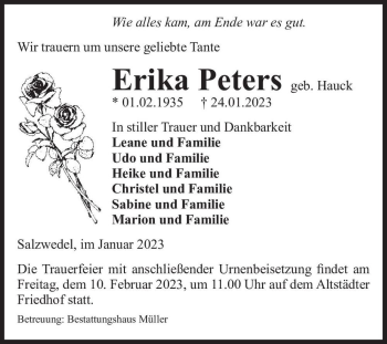 Traueranzeige von Erika Peters (geb. Hauck)  von Magdeburger Volksstimme