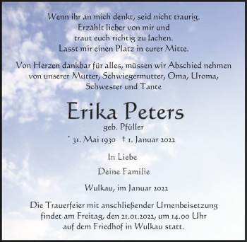 Traueranzeige von Erika Peters (geb. Pfüller)  von Magdeburger Volksstimme