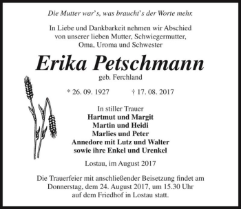 Traueranzeige von Erika Petschmann (geb. Ferchland)  von Magdeburger Volksstimme