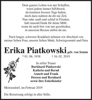 Traueranzeige von Erika Piatkowski (geb. von Somm)  von Magdeburger Volksstimme