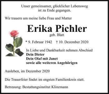 Traueranzeige von Erika Pichler (geb. Blatt)  von Magdeburger Volksstimme
