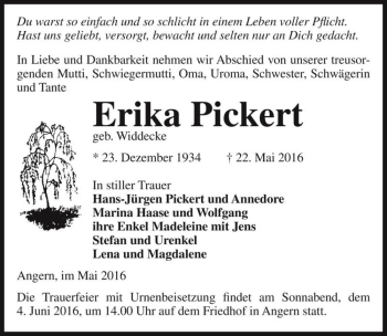 Traueranzeige von Erika Pickert (geb. Widdecke)  von Magdeburger Volksstimme
