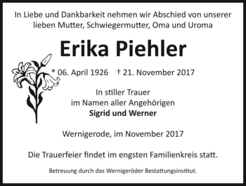 Traueranzeige von Erika Piehler  von Magdeburger Volksstimme
