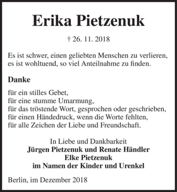 Traueranzeige von Erika Pietzenuk  von Magdeburger Volksstimme