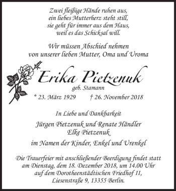 Traueranzeige von Erika Pietzenuk (geb. Stamann)  von Magdeburger Volksstimme