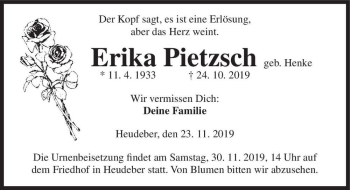 Traueranzeige von Erika Pietzsch (geb. Henke)  von Magdeburger Volksstimme