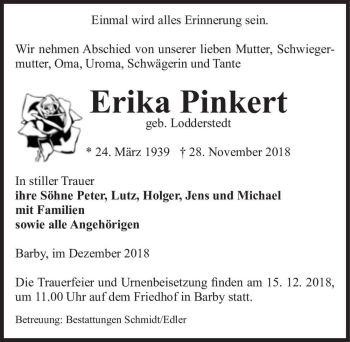 Traueranzeige von Erika Pinkert (geb. Lodderstedt)  von Magdeburger Volksstimme