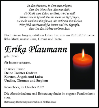 Traueranzeige von Erika Plaumann (geb. Preuß)  von Magdeburger Volksstimme