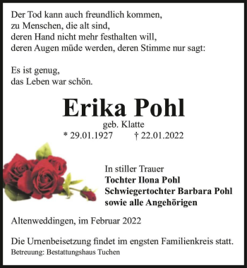 Traueranzeige von Erika Pohl (geb. Klatte)  von Magdeburger Volksstimme