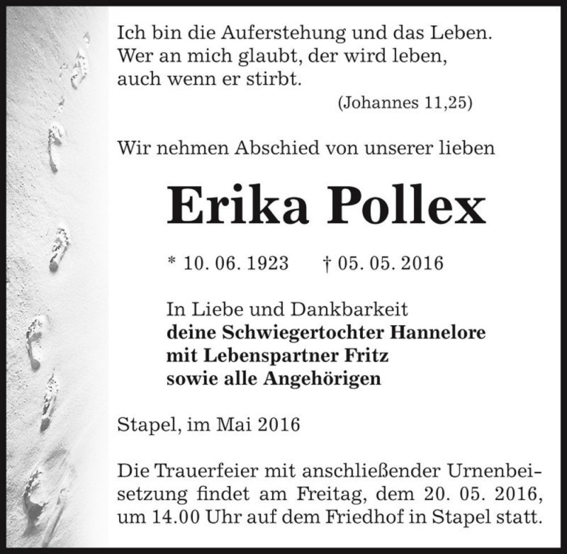  Traueranzeige für Erika Pollex  vom 07.05.2016 aus Magdeburger Volksstimme